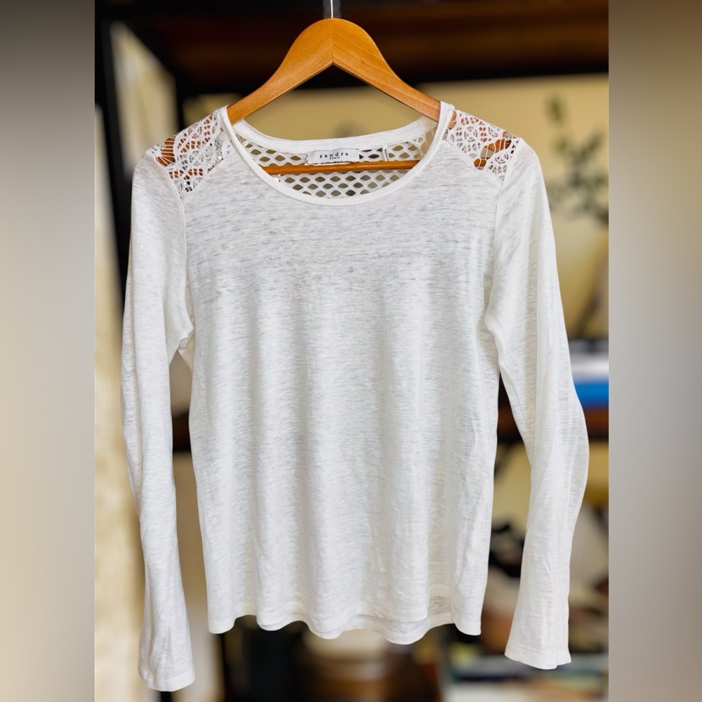 Sandro Women's White Lace Shoulder Long Sleeve Top
